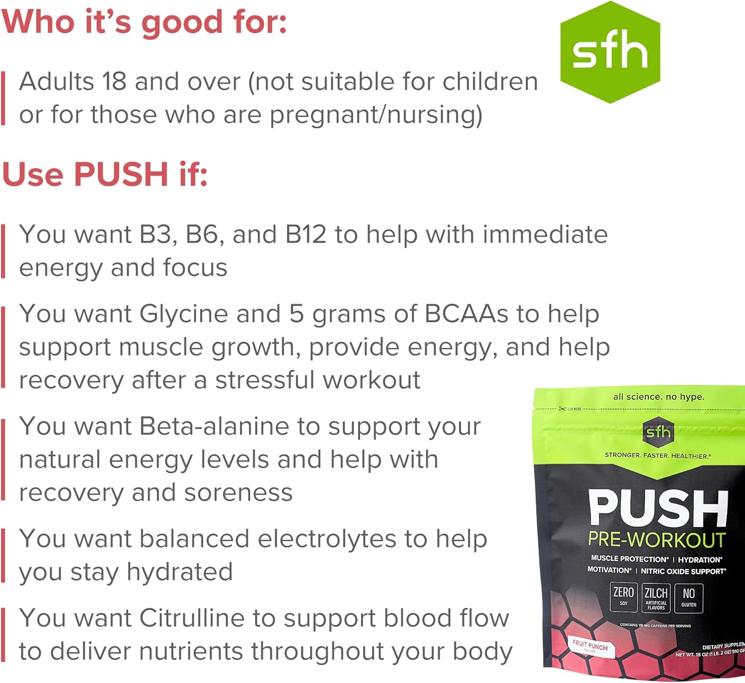 SFH Push Pre-Workout Powder (Fruit Punch) BCAAs for Muscle Repair | Electrolytes | Non-Dairy, No Artificial Flavors, Colors, Sugar, Soy, Gluten, or GMOs (Bag)