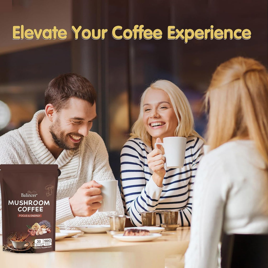 Mushroom Coffee, 6 Adaptogenic Mushrooms (Lion's Mane, Cordyceps, Turkey Tail & Other) Mixed with Premium Instant Coffee for Focus, Energy, Immune and Gut Health Support, 60 Servings