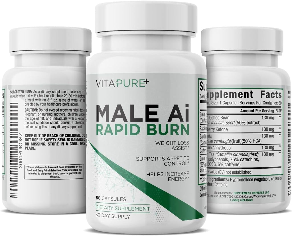 Male Ai Rapid Fat Burner for Men | Supports GLP-1 Pathway Function for Weight Loss | Appetite Suppressant, Energy Booster, Unisex Diet Pills | 3rd Party Tested Formula - 60 Capsules