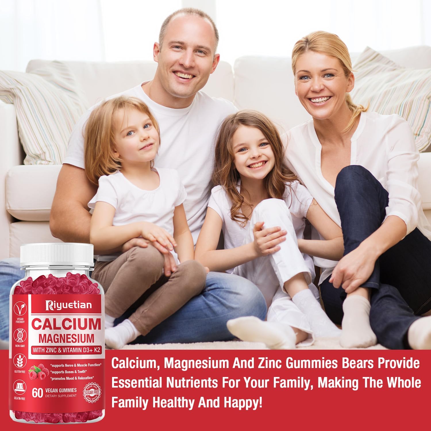 Calcium Gummies + Magnesium & Zinc with Vitamin D3 & K2, High Absorption Calcium Supplement for Bone, Teeth & Immune Support, Non GMO, Vegan, 60 Count