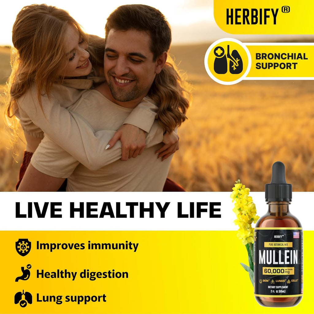 HERBIFY Mullein Extract 2 oz Tincture for Respiratory Health, Mullein Leaf and Flowers Blend (Verbascum Densiflorum)