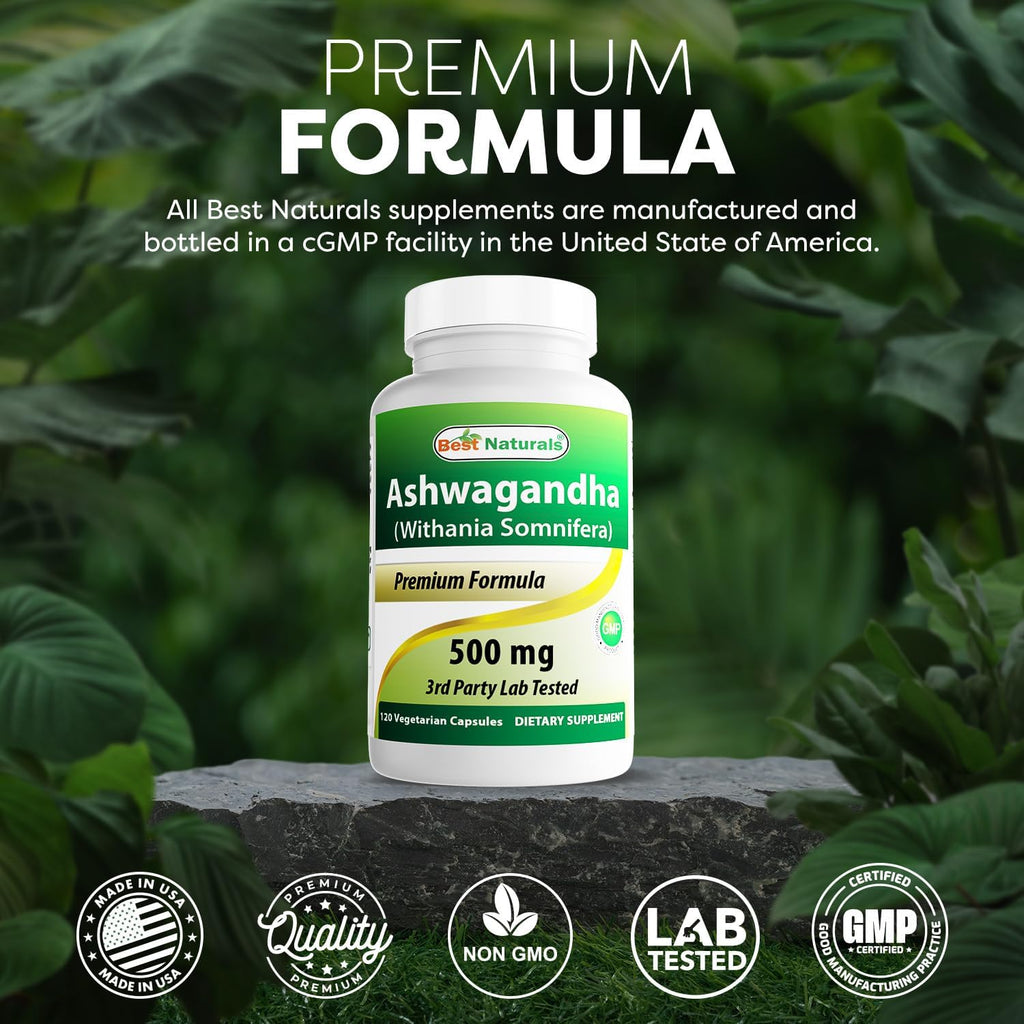 Best Naturals 3 Pack Ashwagandha Capsules for Relaxing Stress and Mood, 500 mg, 120 Count (Total 360 Capsules)
