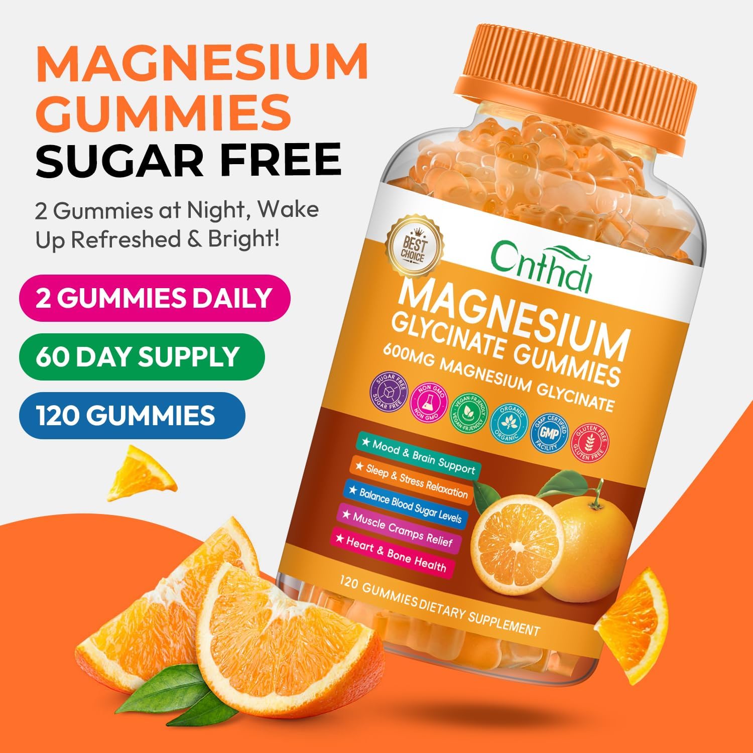 Magnesium Glycinate Gummies for Adults, High Absorption Magnesium Gummies with L-Threonate, Calcium, Vitamin B6, D3, Sugar Free Chews for Relaxation, Stress Relief, Night Rest