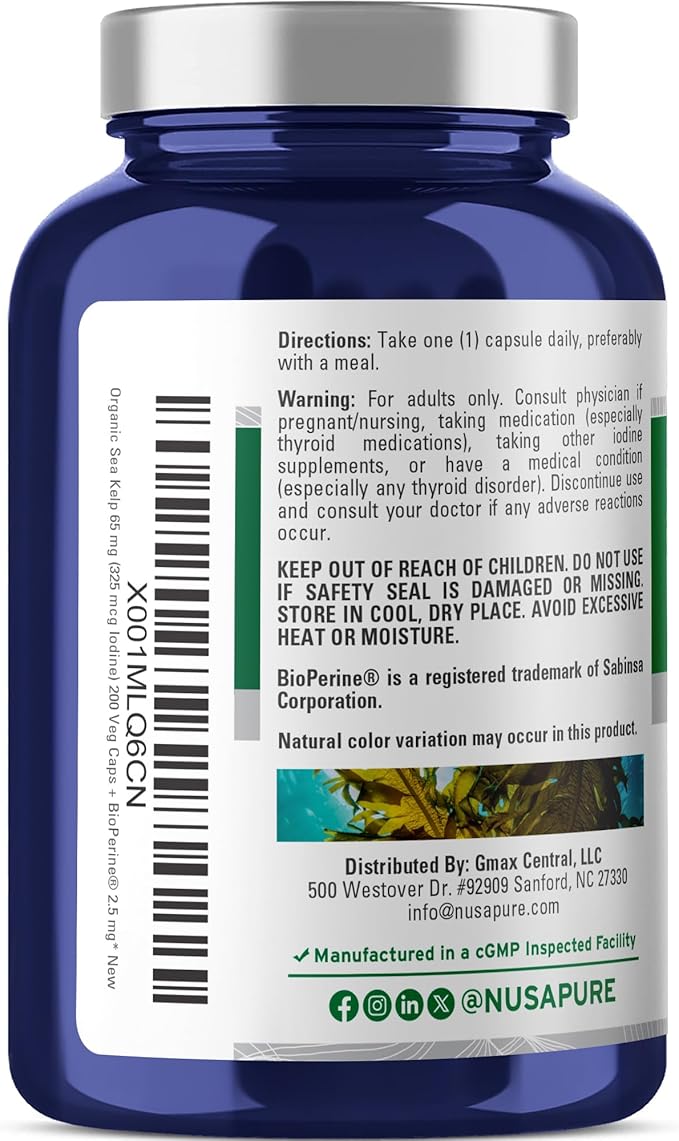 NusaPure Sea Kelp Natural Iodine 325mcg 10:1 Extract, 65 mg Equivalent to 650 mg Capsule 200 Count (Non-GMO, Vegan)