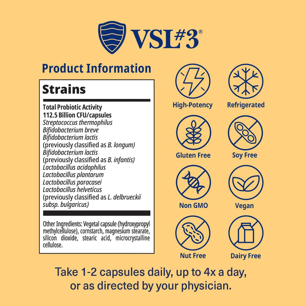 VSL #3® Probiotics for Digestive Health, IBS & UC Symptoms - 112.5B CFUs, High-Potency, Multi-Strain, Live, Refrigerated Probiotic, Medical Food for Gut Health Support in Men & Women, 60 Capsules