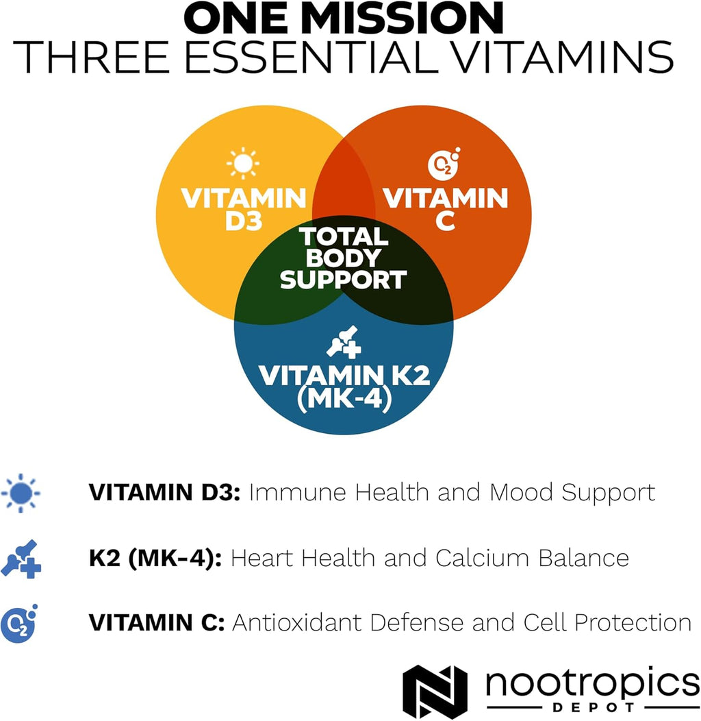 Nootropics Depot Vitamin D3 + K2 with Vitamin C Tablets | 60 Count | Cholecalciferol + Menaquinone-4 (MK-4) | Mood, & Bone Health | Healthy Calcium Absorption