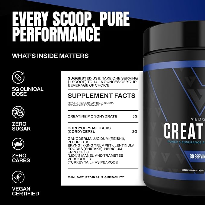 vedge Nutrition Creatine + | Vegan Plant-Based Creatine Monohydrate Powder | Energy, Performance & Function | Ergogenic Aids for Athletes | Unflavored, 30 Servings