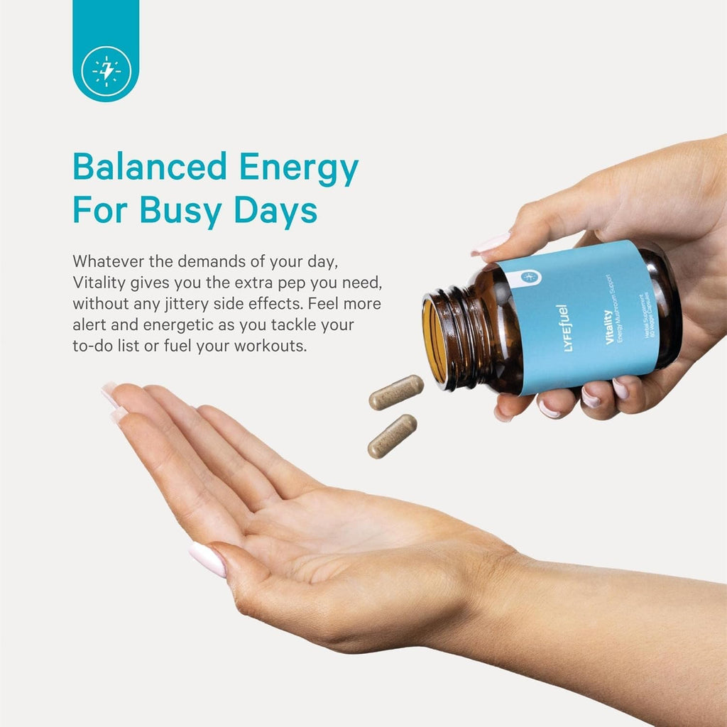 LyfeFuel Adaptogen Blend for Natural Energy & Vitality | Mushroom Supplement & Organic Herb Complex to Boost Stamina, Reduce Fatigue | Maca, Cordyceps, Reishi, Ginkgo, Rhodiola | 60 Vegan Capsules