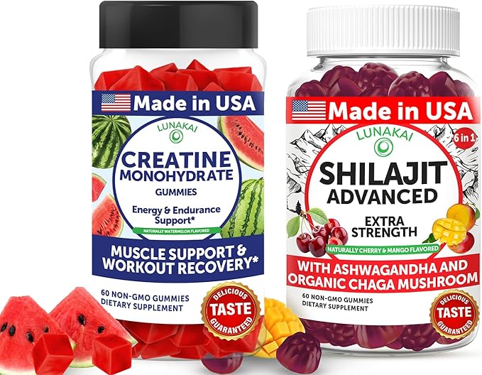 Lunakai USA Made Creatine & Shilajit Gummies Bundle – Recovery & Wellness Support – 60 Non-GMO Gummies Each