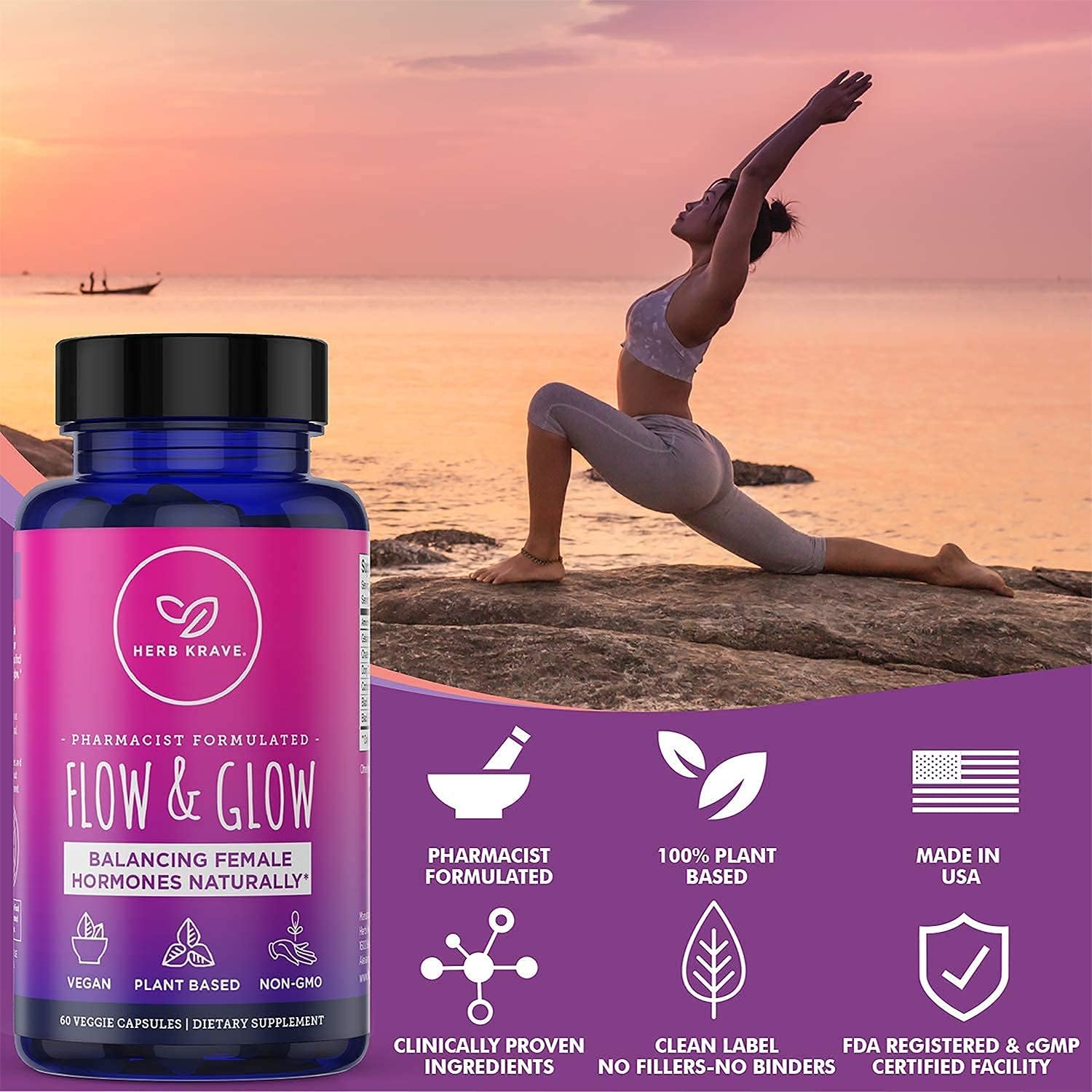Flow and Glow Natural Hormone Balance for Women - PMS & Menopause Relief for Cramps, Mood Swings & Night Sweats with Donq Quai & Black Cohosh for Menopause - 60 Vegan Capsules (2 Pack)