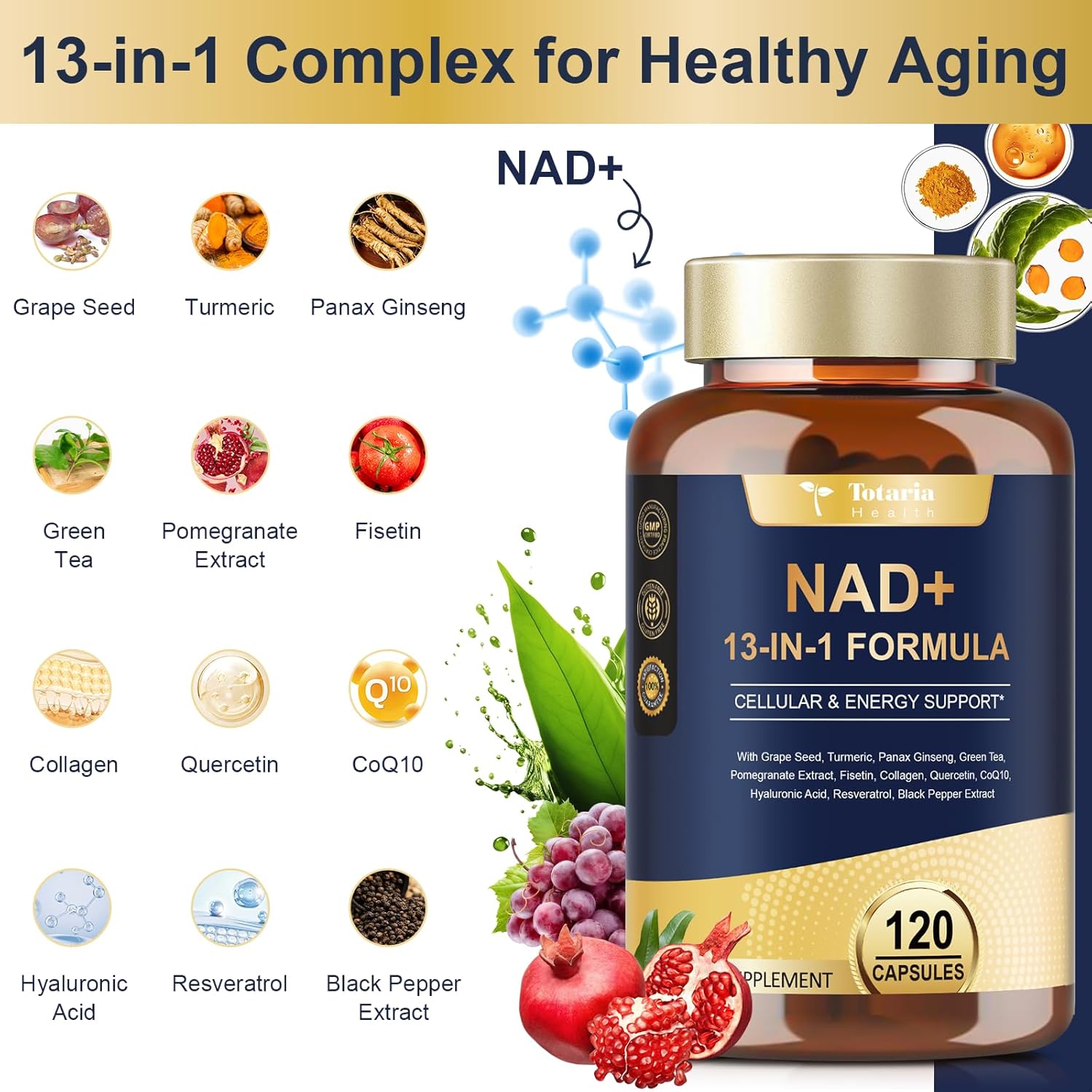 NAD Supplement for Women Men with nicotinamide riboside resveratrol,Quercetin, Betaine Boost NAD+ Levels NAD Plus Supplement for Anti Aging, Energy, Immune, Focus 120 Capsules