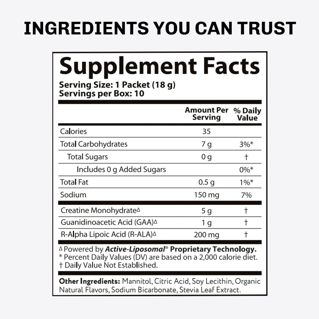 Aurora Nutrascience Liposomal Creatine + GAA & R-ALA Lemon Lime Powder Drink Mix, Increased Energy, Supports Exercise Performance & Muscle Growth for Wowen and Men, 10 Packets