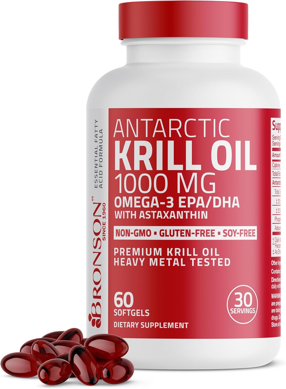 Bronson Antarctic Krill Oil 1000 mg with Omega-3s EPA, DHA, Astaxanthin and Phospholipids 60 Softgels