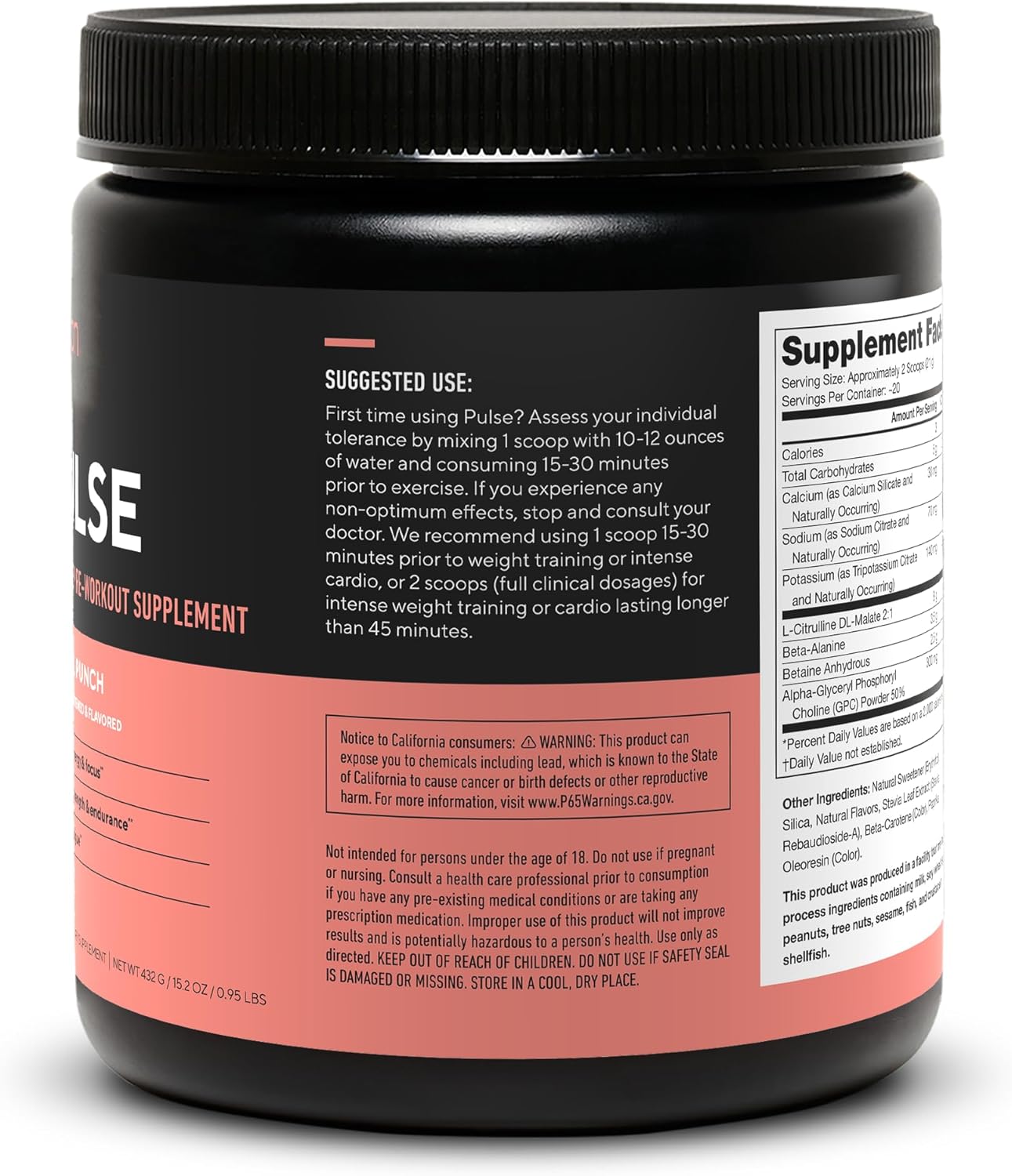 LEGION Pulse Pre Workout Supplement - All Natural Nitric Oxide Preworkout Drink to Boost Energy, Creatine Free, Naturally Sweetened, Beta Alanine, Citrulline, Alpha GPC (Caffeine Free Tropical Punch)