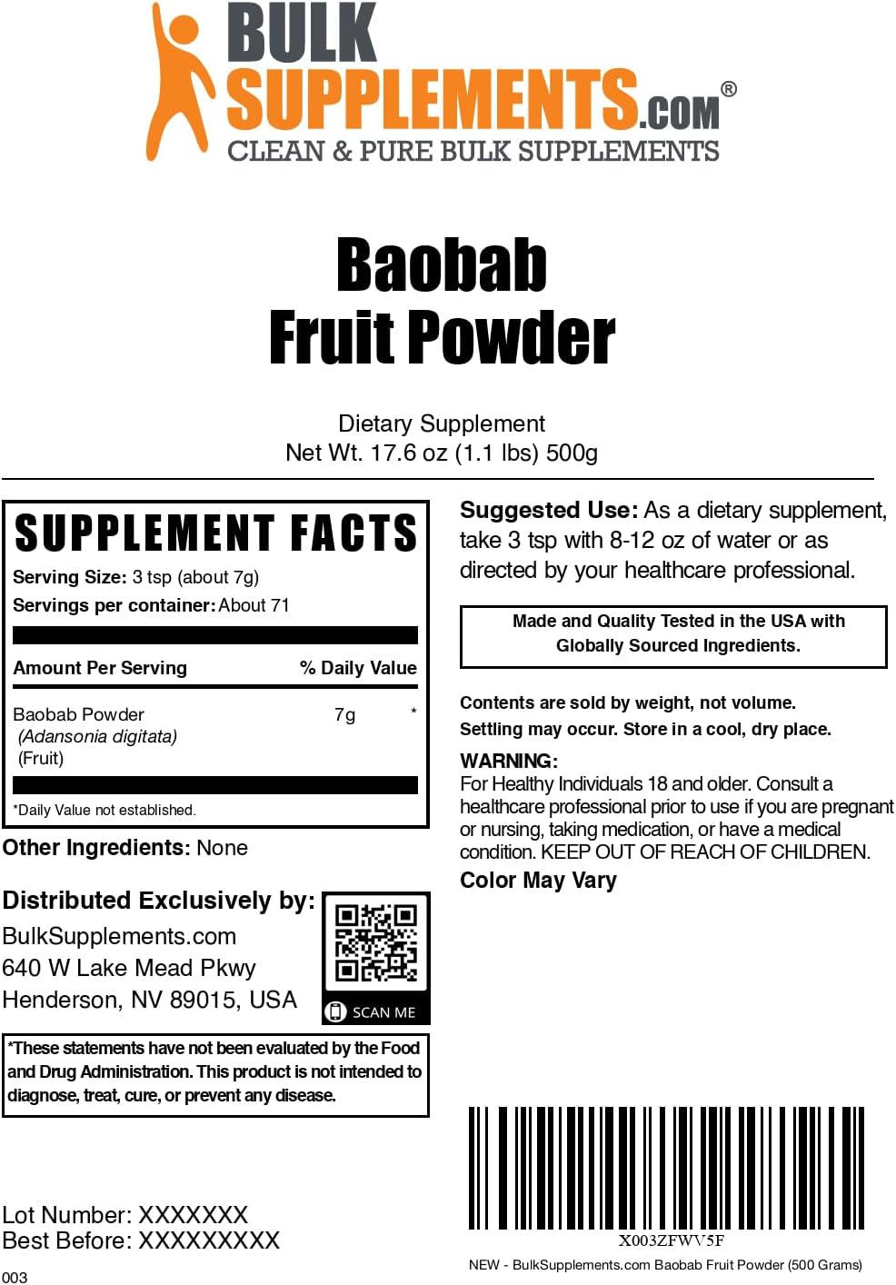 BulkSupplements.com Baobab Fruit Powder - Baobab Supplement, Antioxidant Supplement - Gluten Free, 7g per Serving, 500g (1.1 lbs) (Pack of 1)