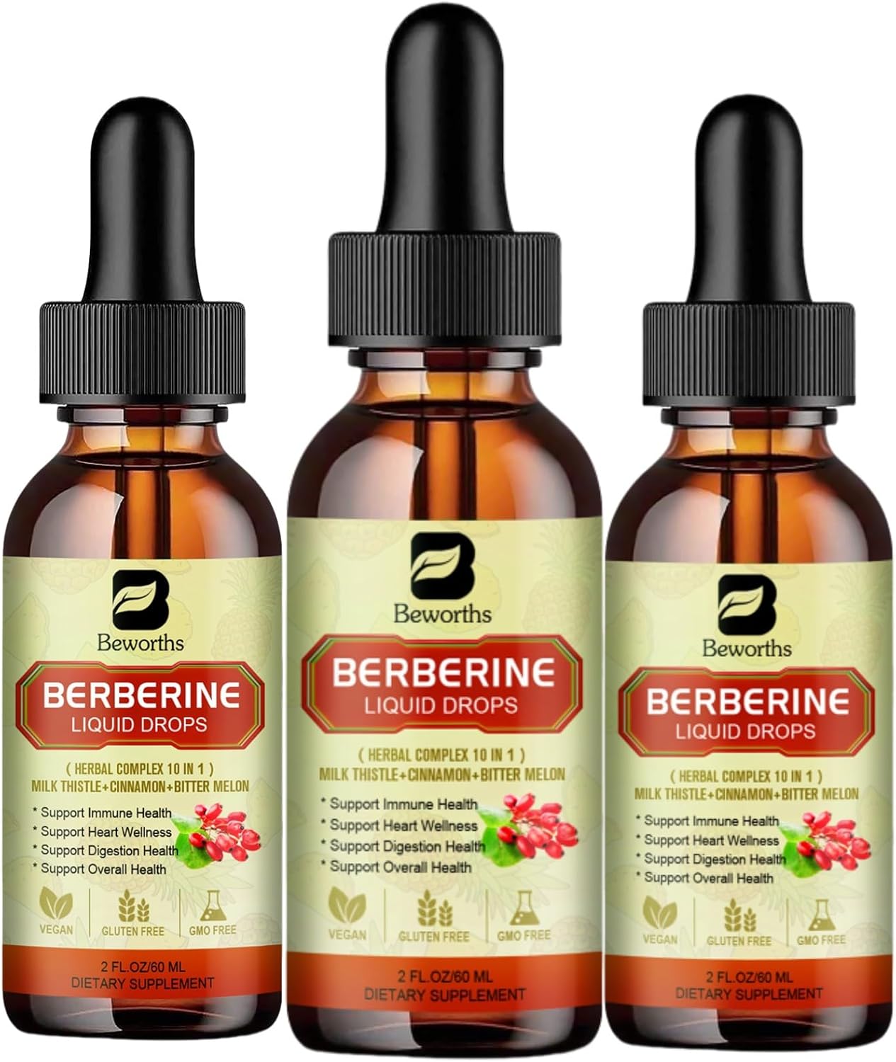 3PC Berberine Supplement with Ceylon Cinnamon - Berberine HCL Liquid Drops with Turmeric, Ceylon Cinnamon, Bitter Melon, Berberine Phytosome Activates AMPK & GLP-1 for Immune, Digestion Support