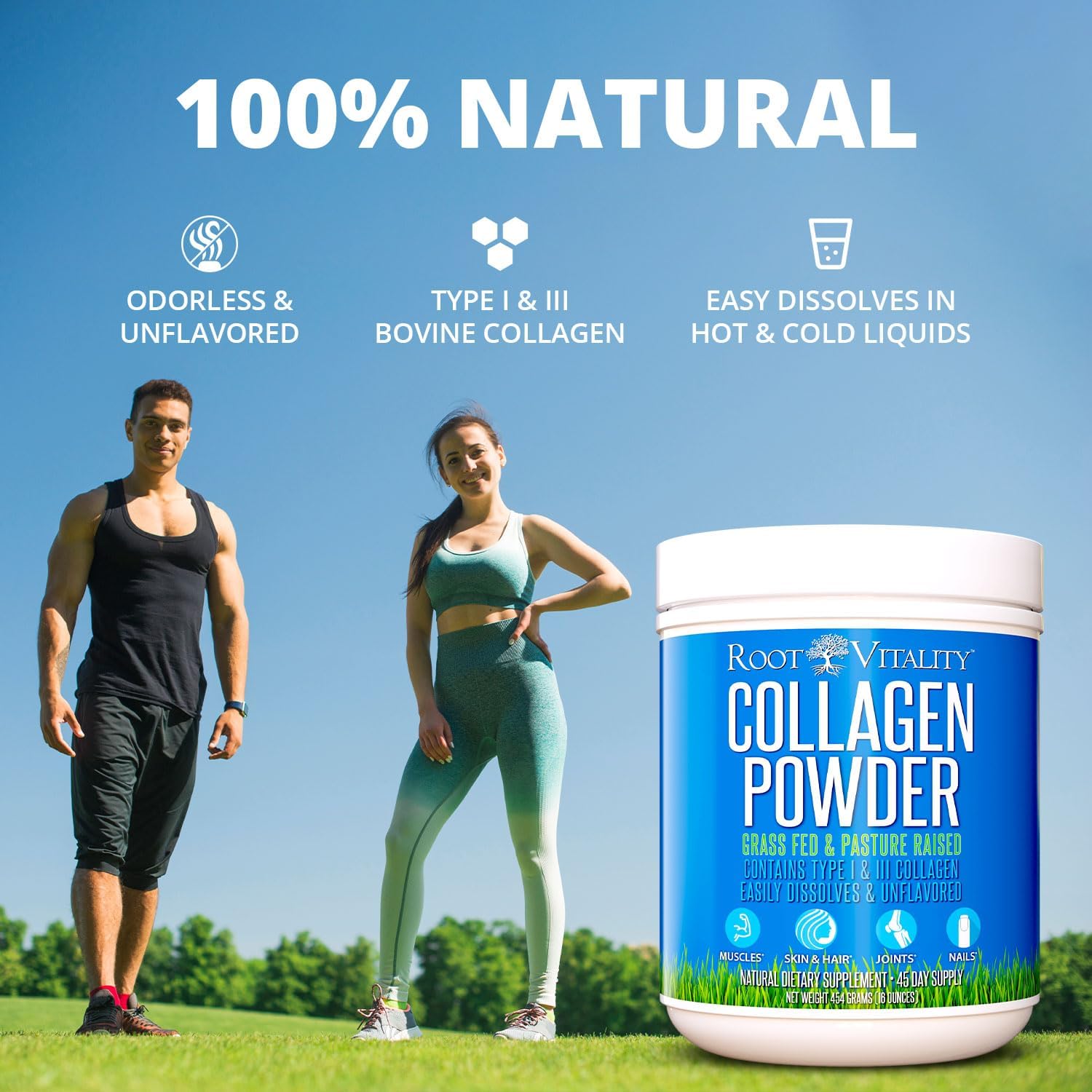 Root Vitality Collagen Peptides Powder - Grass-Fed, Pasture-Raised Hydrolyzed Protein Supplement for Skin, Hair, & Nails - Non-GMO, Zero Sugar Daily Supplement for Men & Women (22 Servings)