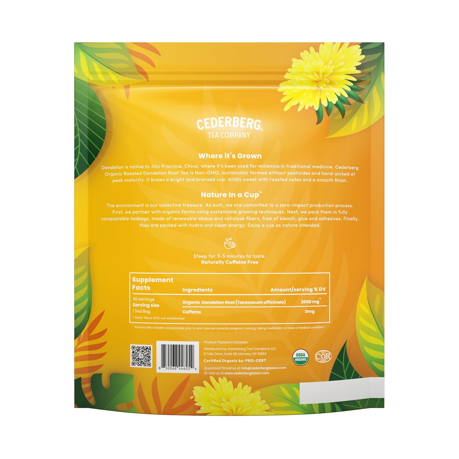 Cederberg Tea Company Organic Dandelion Root Tea — 30 Tea Bags | Organic Herbal Tea From Single Origin | Eco-Friendly Tea Bags | Non-GMO Caffeine Free Tea With Zero Sugar
