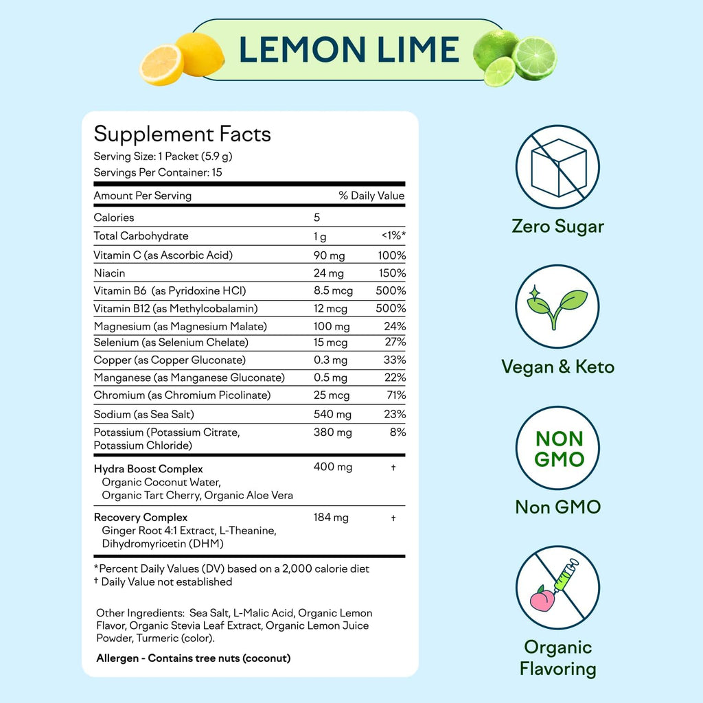 Feel Goods Hydration Hero, 1,000mg Electrolytes Powder, Sugar Free, Magnesium, Organic Aloe Vera, L Theanine, Vitamin C & B12, Non GMO, Keto, Vegan, Electrolyte Packets | Lemon Lime, 15 Count