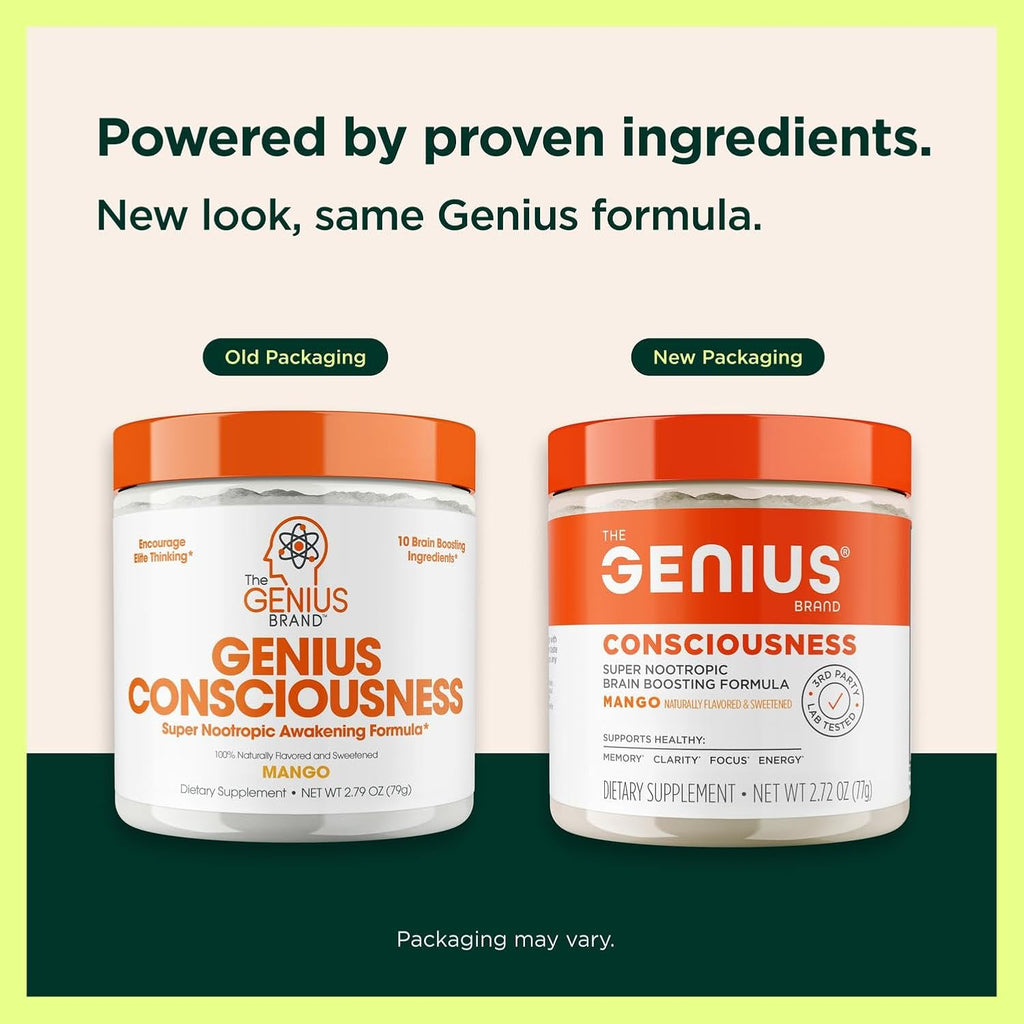 Genius Consciousness, Super Nootropic Brain Supplement Powder, Mango - Boost Focus, Cognitive Function, Concentration & Memory Booster - Alpha GPC & Lions Mane Mushroom for Neuro Energy & IQ