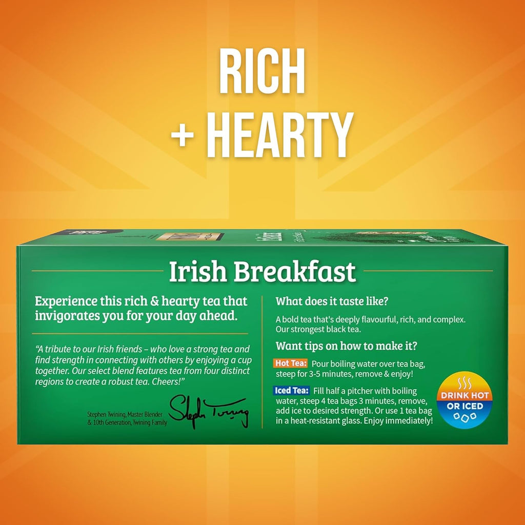 Twinings Irish Breakfast Black Tea Individually Wrapped Bags, 100 Count (Pack of 1), Flavourful, Bold, and Robust, Caffeinated, Enjoy Hot or Iced, 100 Teabags