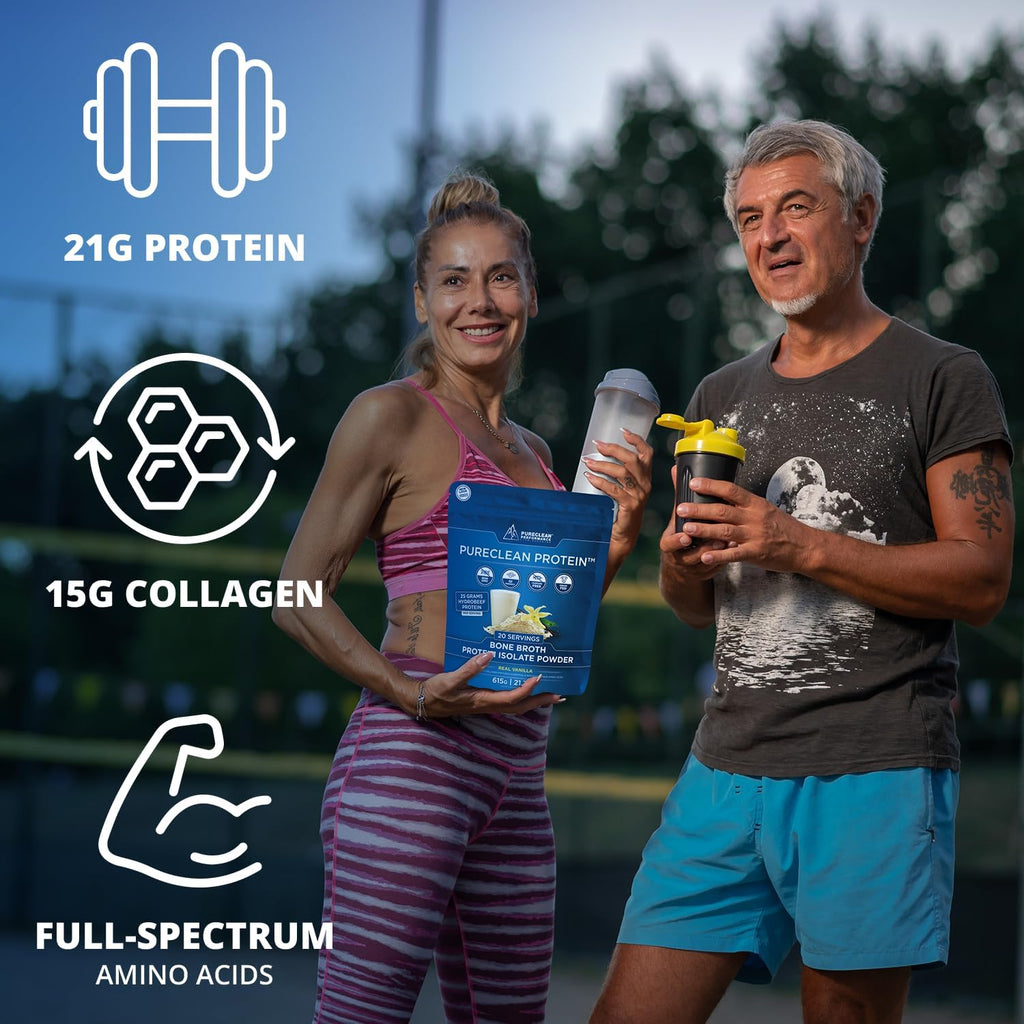 PureClean Protein 25G Organic Grass Fed Beef Bone Broth Protein from Swedish Cattle - Paleo & Keto-Friendly, Gluten-Free, Sugar-Free, Dairy-Free - Enhanced with Collagen Peptides - (615 Grams) Vanilla