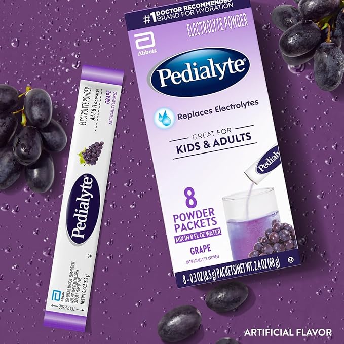 Pedialyte Electrolyte Powder, Hydration Drink for Kids & Adults, Grape, 8 Powder Packets