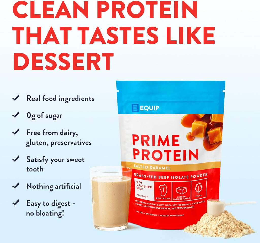 Equip Foods Prime Protein Powder | Clean, Grass Fed Beef Protein Isolate | Carnivore Protein Powder | Paleo, Keto Friendly | Gluten, Dairy Free | 30 Servings, Salted Caramel