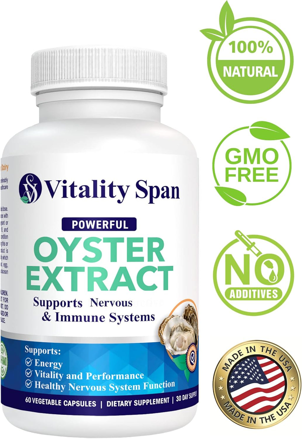 Oyster Extract - Pure, Highly Concentrated Supplement for Men & Women – Supports Energy & Immune Boost; Zinc, Taurine, Amino Acids, and Vitamins, 500 mg, 60 Veg Capsules, Made in USA