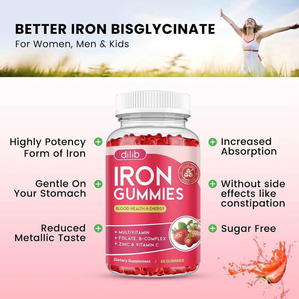 Iron Gummies with Multivitamin, Iron Supplement for Women & Men with Zinc, Vitamin B Complex & C, B12, Folate - Blood Builder & Energy Support for Adults & Kids - Strawberry Flavor, Vegan 60 Gummies