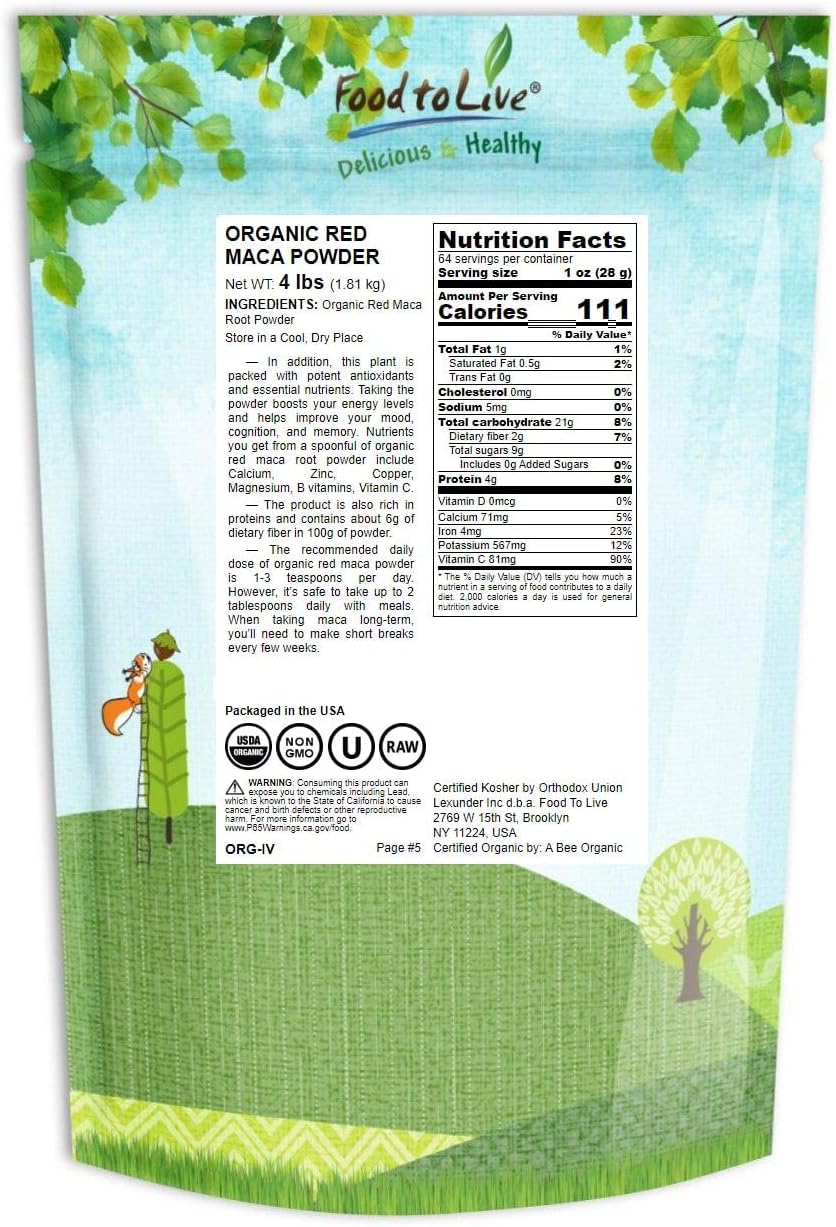 Food to Live Organic Red Maca Powder, 4 Pounds Raw Ground, Non-GMO, Kosher, Vegan, Fine Flour, Bulk