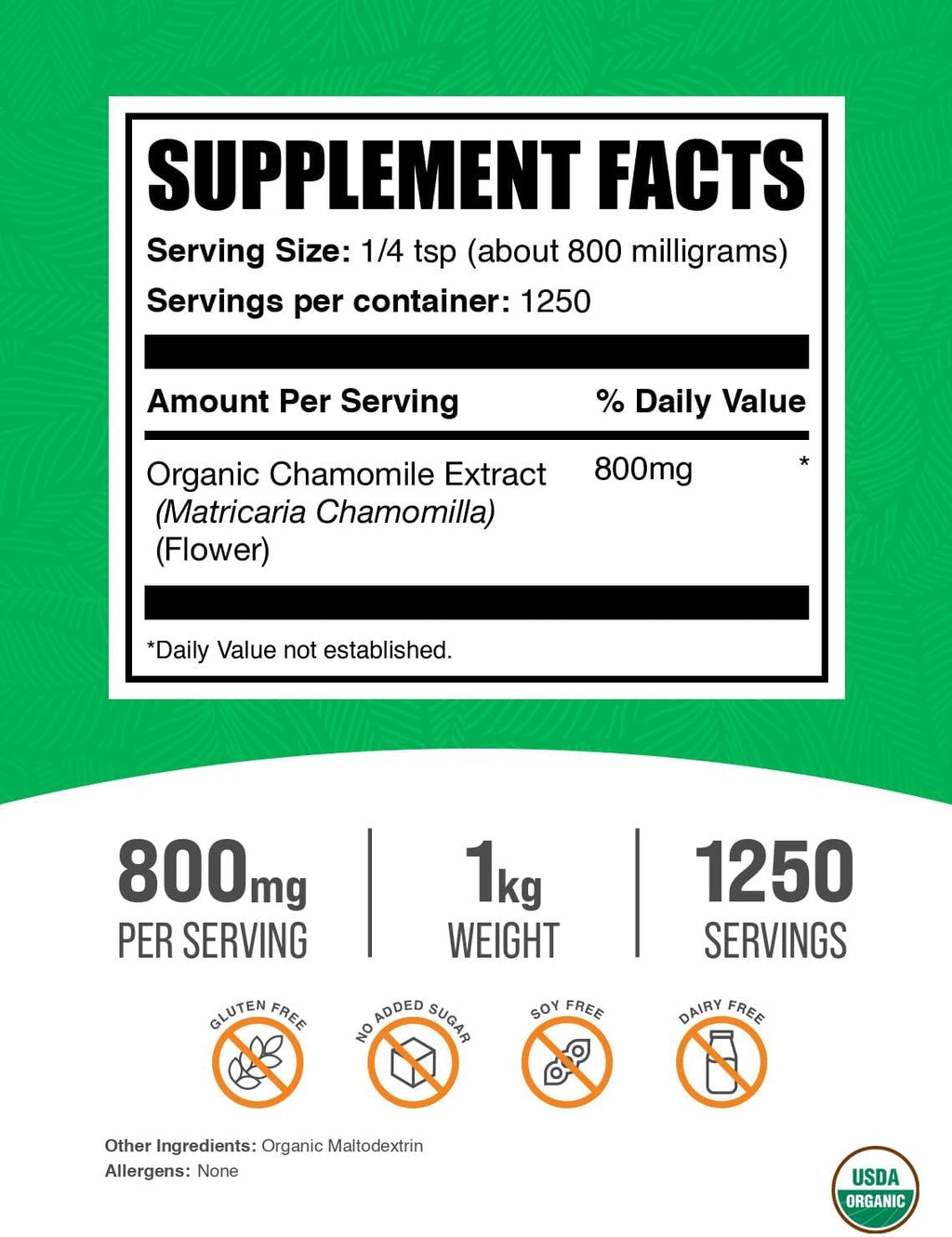 BulkSupplements.com Organic Chamomile Extract Powder - Herbal Supplement, Sourced from Chamomile Flowers - Vegan & Gluten Free, 800mg per Serving, 1kg (2.2 lbs) (Pack of 1)