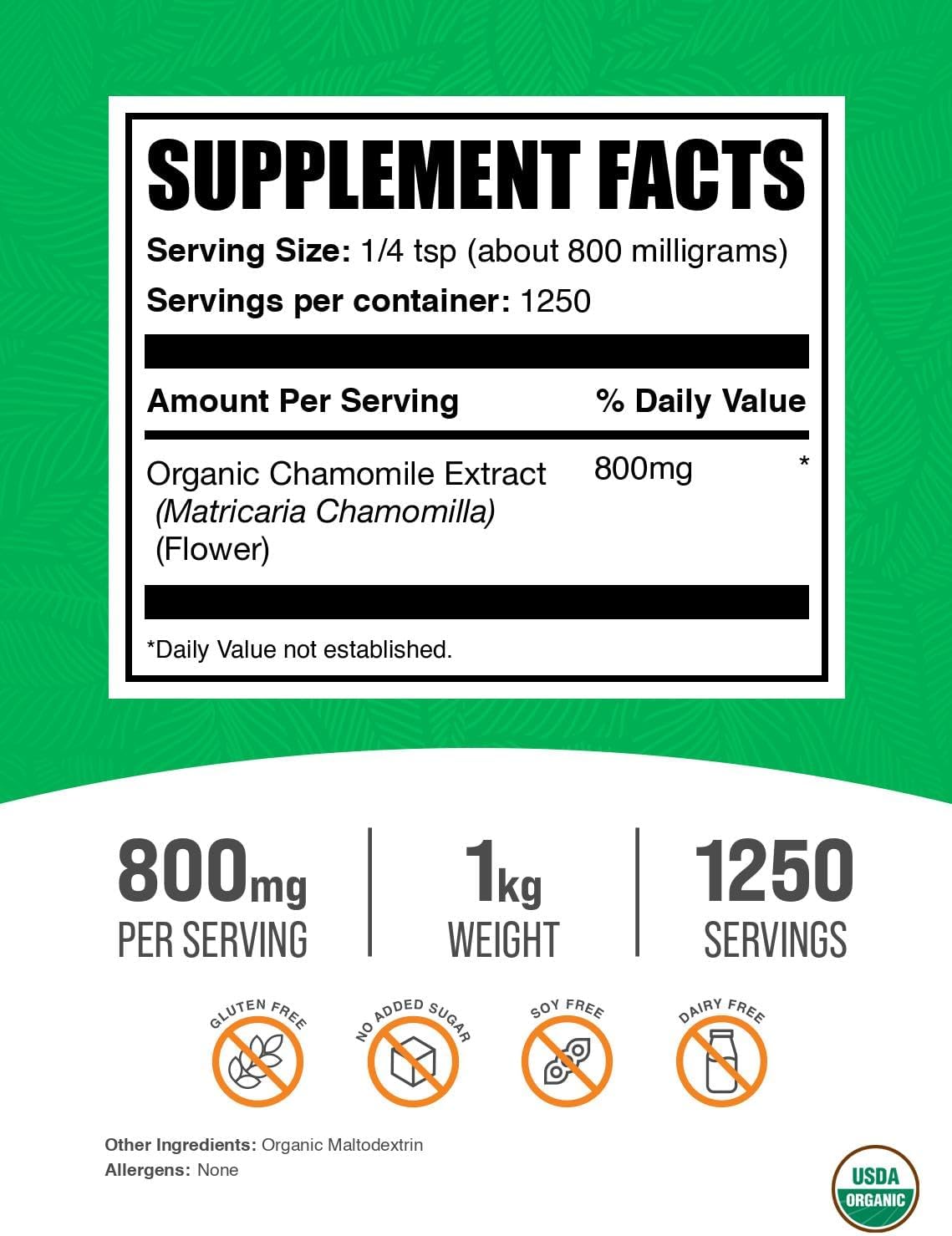 BulkSupplements.com Organic Chamomile Extract Powder - Herbal Supplement, Sourced from Chamomile Flowers - Vegan & Gluten Free, 800mg per Serving, 1kg (2.2 lbs) (Pack of 1)