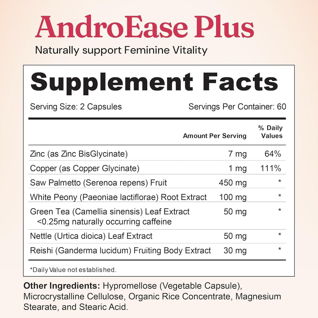Nourished AndroEase Plus - Vegan Hormone Balance for Women - Zinc, Reishi, Green Tea and Saw Palmetto for Women - for Energy, Vitality, Facial Hair and Daily Wellness - 120 Capsules, Made in USA