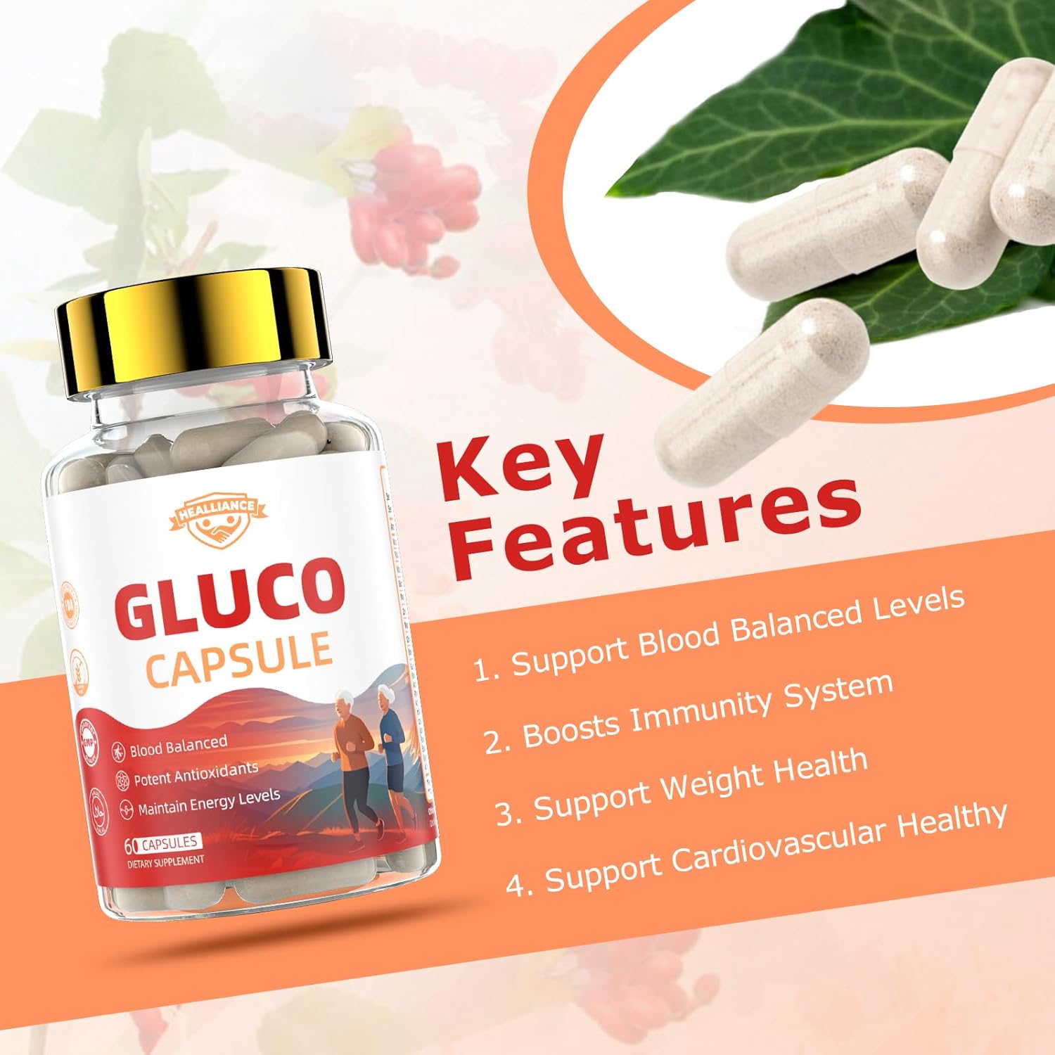 Gluco Blood Balance Capsule - Natural Healthy Glucoplus Supplement Gluco Revive Capsules for Support Metabolism Antioxidants and Maintain Energy with Berberine Bitter Melon Cinnamon (60 Capsules)
