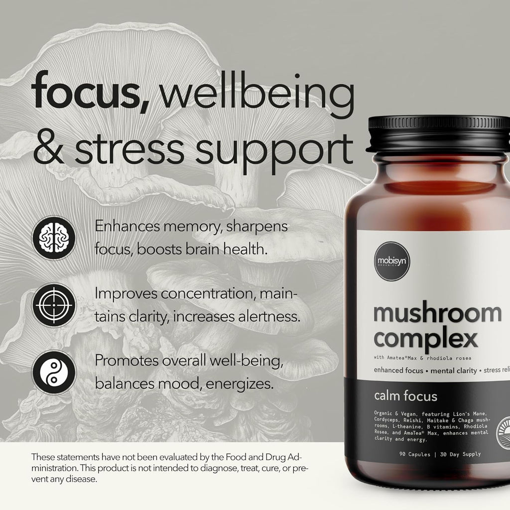 Organic Mushroom Supplement with Cognitive Nootropic Mushroom Blend - Lion’s Mane, Cordyceps, Reishi, Chaga, Maitake + Amatea Max, Rhodiolife Rhodiola Rosea, L-Theanine + B-Vitamins, 60-Day Supply
