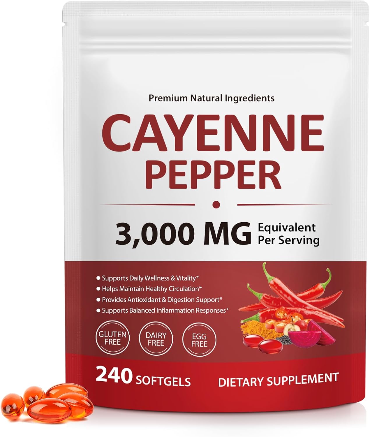 Cayenne Pepper Softgels Supplement, Cayenne Pepper Softgels with Vitamin D3 K2 & E, Grape Seed Extracts, Supports Healthy Blood Circulation, Circulatory Function, Antioxidant Support - 240 Softgels
