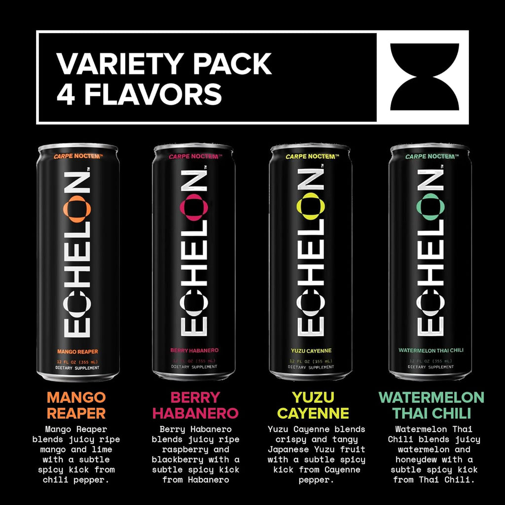 Echelon Pre-Workout Energy Drink - 12-Pack, Variety Pack - Peak Performance, Sustained Energy, Focus and Endurance Dietary Supplement - 300mg of Caffeine, Beta-Alanine, L-Theanine & Fiber - Vegan