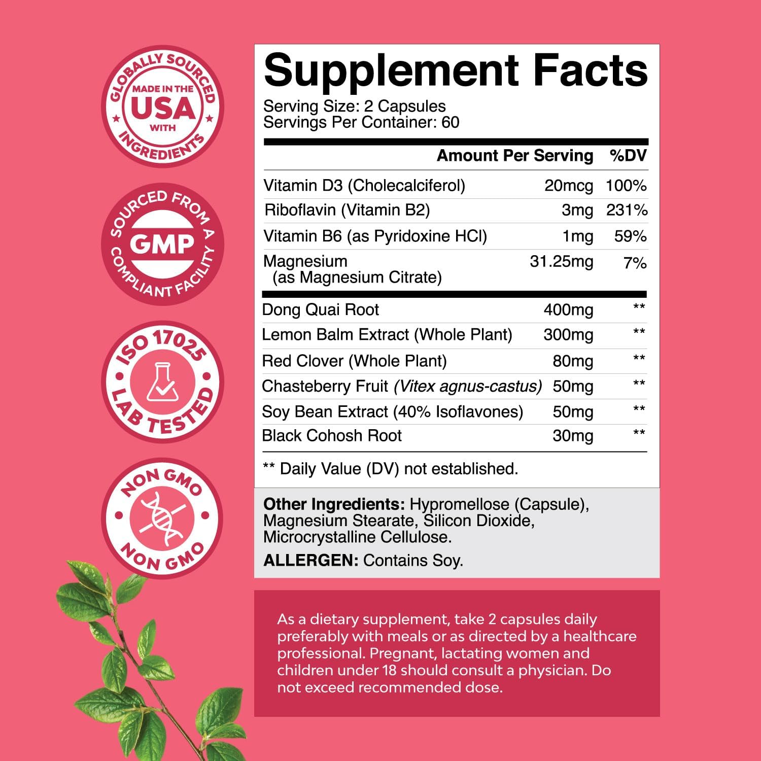 Complete Herbal Menopause Supplement for Women - Female Hormone Balance Capsules for Night Sweats Hot Flashes & Mood Swings with Dong Quai, Chaste Berry & Black Cohosh Root - 120 Count Pack