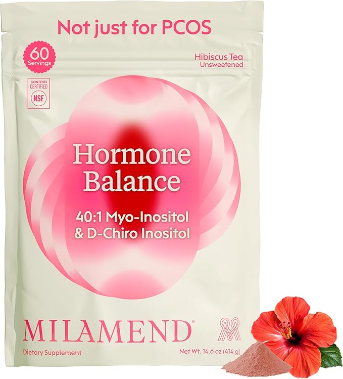 milamend Hormone Balance for Women 40:1 Myo-Inositol D-Chiro Inositol Supplement + CoQ10, ALA, & Amino Acids – Fertility, Ovarian & Cycle Support – Unsweetened Hibiscus Tea Powder – 30-Day Supply