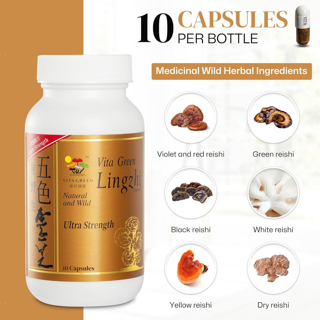 Vita Green Lingzhi Mushroom Capsules (五色靈芝) – Pure Reishi Supplement with Natural Antioxidants for Wellness, Energy, and Immune Support – 10 Capsules