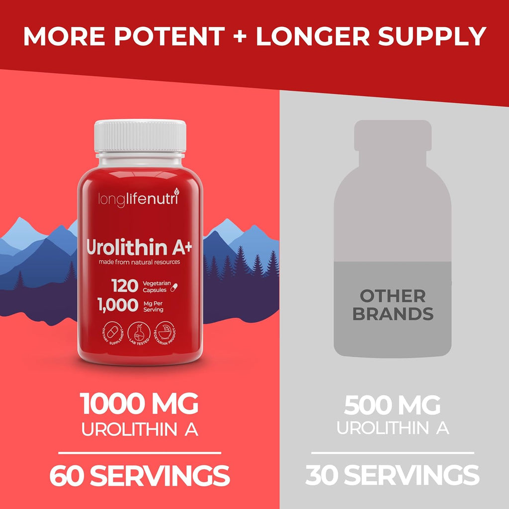 Urolithin A+ 1000mg Supplement - Advanced Formula, 120 Vegetarian Capsules, 2-Month Supply, Pomegranate Extract for Healthy Aging & Longevity, Lab Tested, Organic, Made in USA
