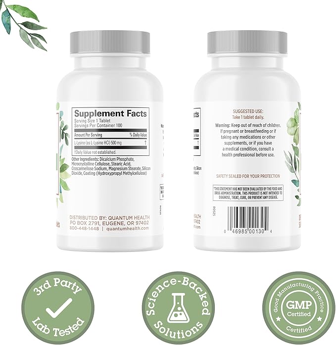 Quantum Health L-Lysine 500mg Essential Amino Acid Supplement - Supports Collagen & Protein Synthesis, Bone Health, Muscle Recovery and Immune Health - Vegan Friendly - 100 Tablets