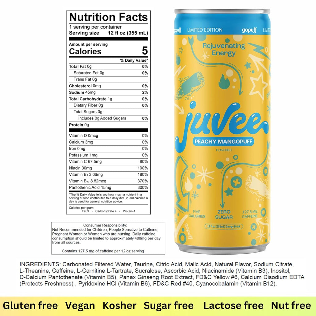 Juvee Rejuvenating Energy Drink. Sugar Free Energy Drinks. Taurine, Vitamin B12, Vitamin B6. 128 Mg Of Caffeine. L-Theanine For Mood Support. Panax Ginseng For Focus. Vitamin C For Immune Support. Gluten Free 12 oz - 12 Pack - Peachy Mangopuff