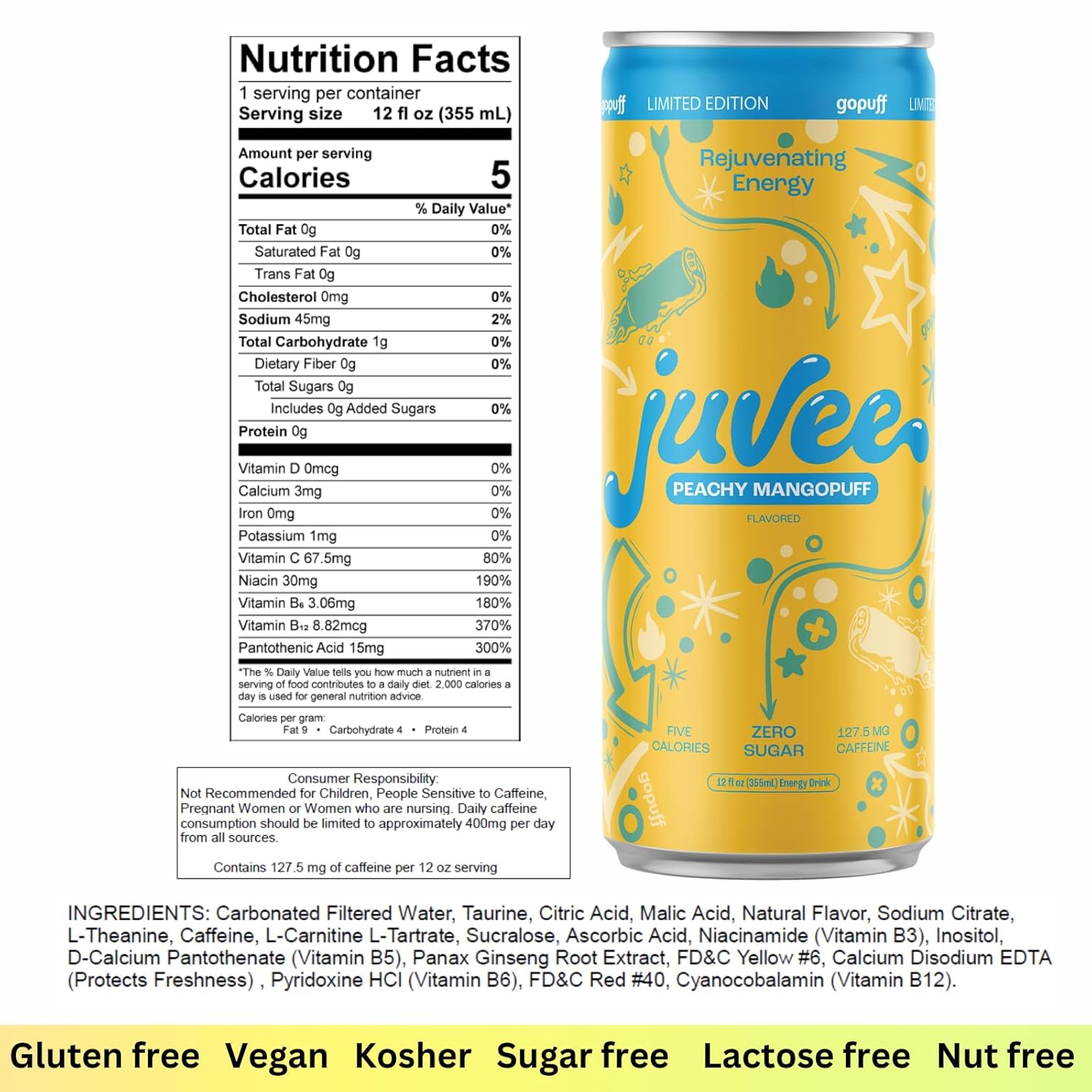 Juvee Rejuvenating Energy Drink. Sugar Free Energy Drinks. Taurine, Vitamin B12, Vitamin B6. 128 Mg Of Caffeine. L-Theanine For Mood Support. Panax Ginseng For Focus. Vitamin C For Immune Support. Gluten Free 12 oz - 12 Pack - Peachy Mangopuff