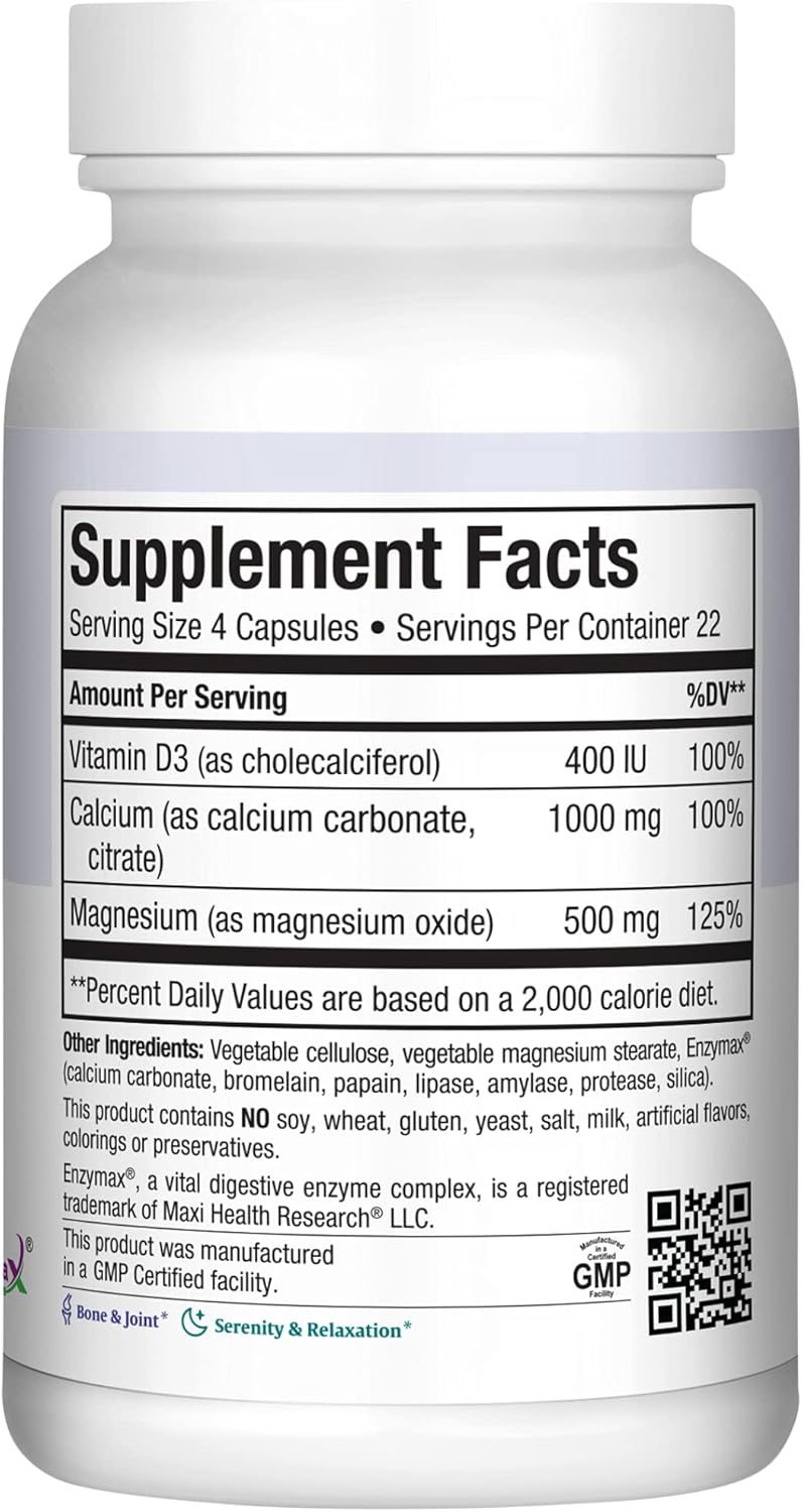 Maxi Health Calcium 1000 mg Supplement with Vitamin D3 (1000 IU) and Magnesium (500 mg) - Bone, Teeth and Joint Support for Men and Women - 90 Capsules