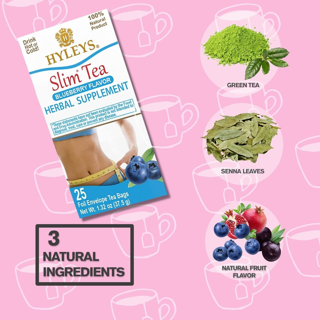 Hyleys Slim Tea Blueberry Flavor - Weight Loss Herbal Supplement Cleanse and Detox - 25 Tea Bags (6 Pack)