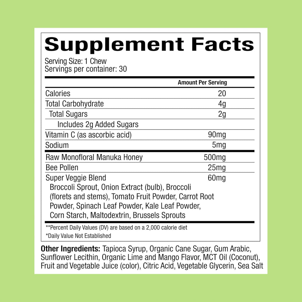 Plant People WonderBee Super Greens Manuka Honey Chews - Bee Pollen, Super Greens & Vitamin C - Immune Support, Antioxidants & Energy Boost (30 Count)