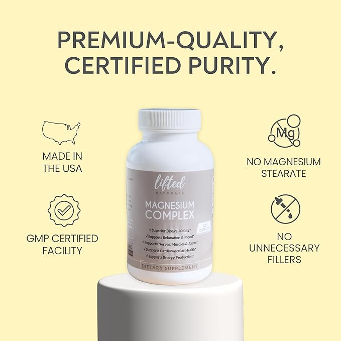 Magnesium Complex - Lifted Naturals Magnesium Supplement w/Bisglycinate, Malate, Taurate - 120 Capsules - Bioavailable Magnesium Formula for Mood, Sleep, Energy Support*