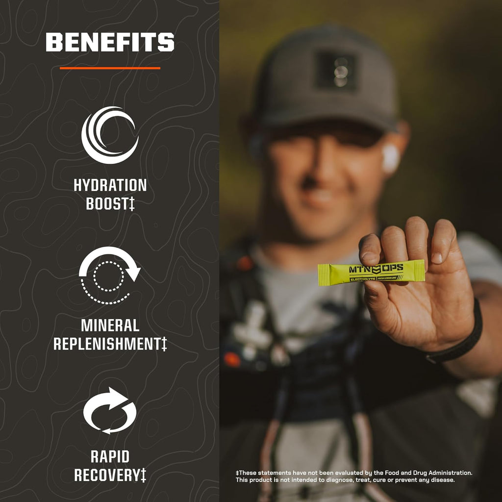 MTN OPS Electrolytes Powder Packets, Sugar Free Hydration Packets, Gluten-Free Hydration Powder, Electrolyte Packets STM “Straight to Mouth” - Variety Pack of 3 Flavors, 30 Packs